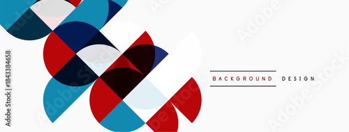 Abstract geometric shapes overlap, creating dynamic visual composition. Red, blue, black, white colors dominate design. Minimalist style.