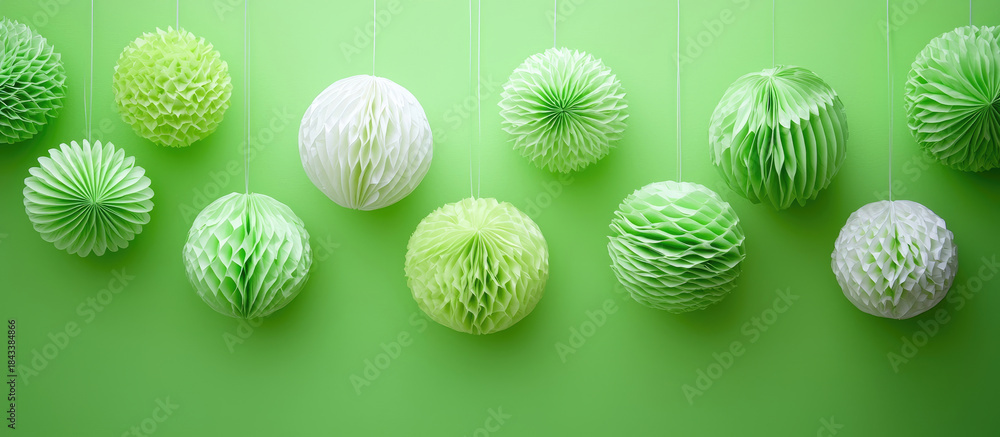 Fototapeta premium Green and White Honeycomb Paper Orbs Hanging Against a Bright Green Background with Subtle Lighting