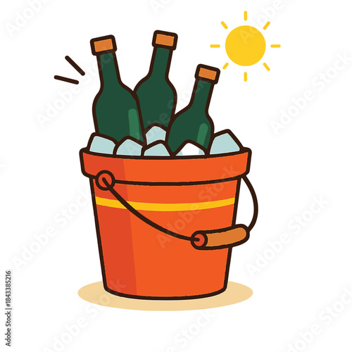 Red-orange bucket with yellow stripe holding ice and three green bottles, topped with a sun icon.