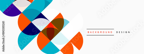 Abstract geometric shapes overlap, creating vibrant colorful pattern. White space dominates composition, offering clean aesthetic.