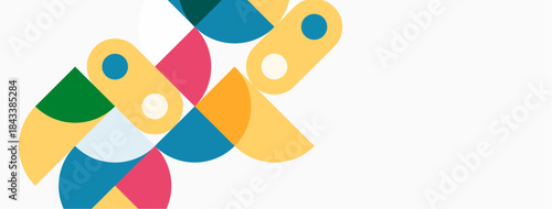 Abstract colorful shapes overlap, creating dynamic composition. Bright hues contrast against white background. Modern design element.