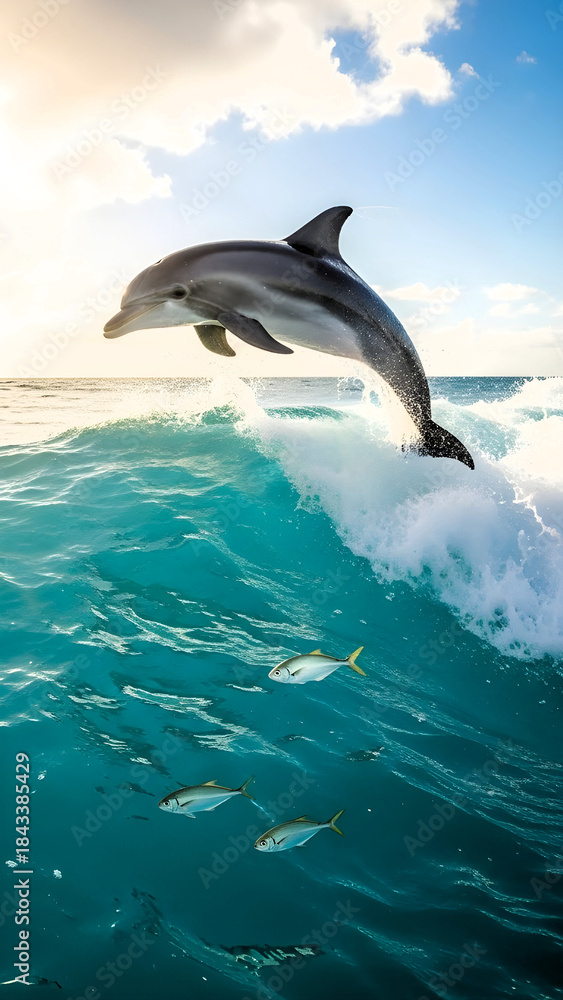 Fototapeta premium Dolphin Leaping from Blue Ocean Wave with Fish Below in Natural Marine Environment, Wallpaper Style