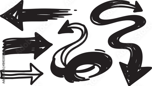 Set of various hand-drawn black arrows in different styles and directions, depicting movement and navigational pointers.