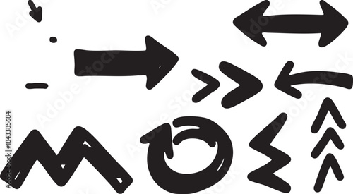 Collection of hand-drawn sketchy arrows, lines, and symbols in various directions, black on white background, doodle style.
