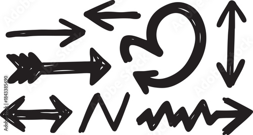 A collection of hand-drawn black arrows pointing in various directions and styles, including straight, curved, zig-zag, and double-headed designs.