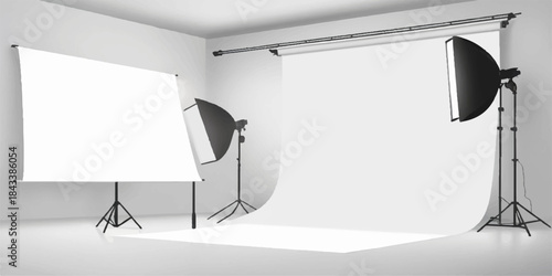 A 3D render of a modern interior office design with a mirror and a camera on the desk