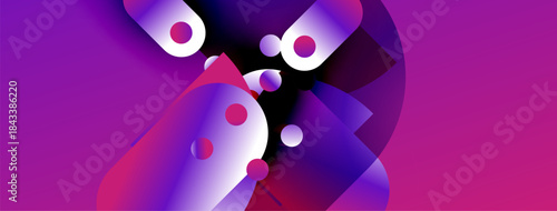 Abstract shapes, vibrant purple hues, flowing forms create dynamic composition. Modern design, gradients suggest depth, movement.