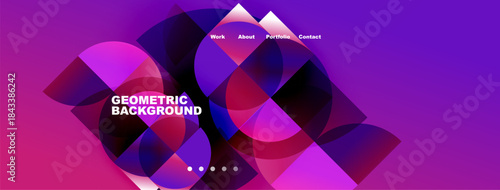 Abstract geometric design. Vibrant pinks, purples create modern website header. Circles overlap, text displays portfolio information.