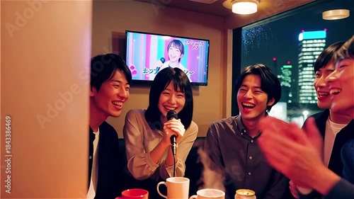 Coworkers in Tokyo enjoying karaoke night with neon glow and candid laughter. Warm tones and city backdrop highlight real connection and relaxed moments beyond work.