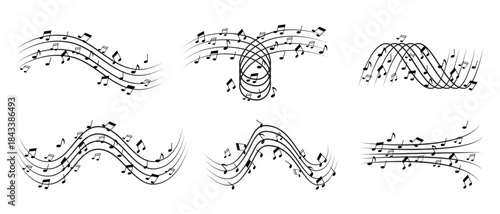 Set of six wavy musical notation elements with notes and staves, black ink style in vector 