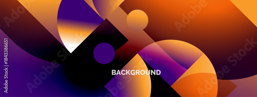 Abstract fluid shapes blend orange, purple hues. Dynamic composition creates modern visual impact. Background text present.