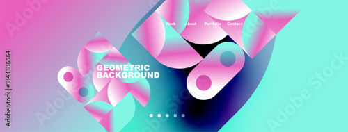 Abstract geometric background features vibrant pink, blue hues. Navigation menu present. Modern design elements create dynamic visual impact.