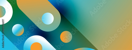 Abstract geometric shapes overlap, creating vibrant color gradients. Blue, green, orange hues dominate composition. Modern design element.