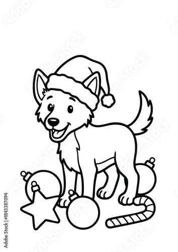 Cute puppy in Santa hat with Christmas decorations coloring page