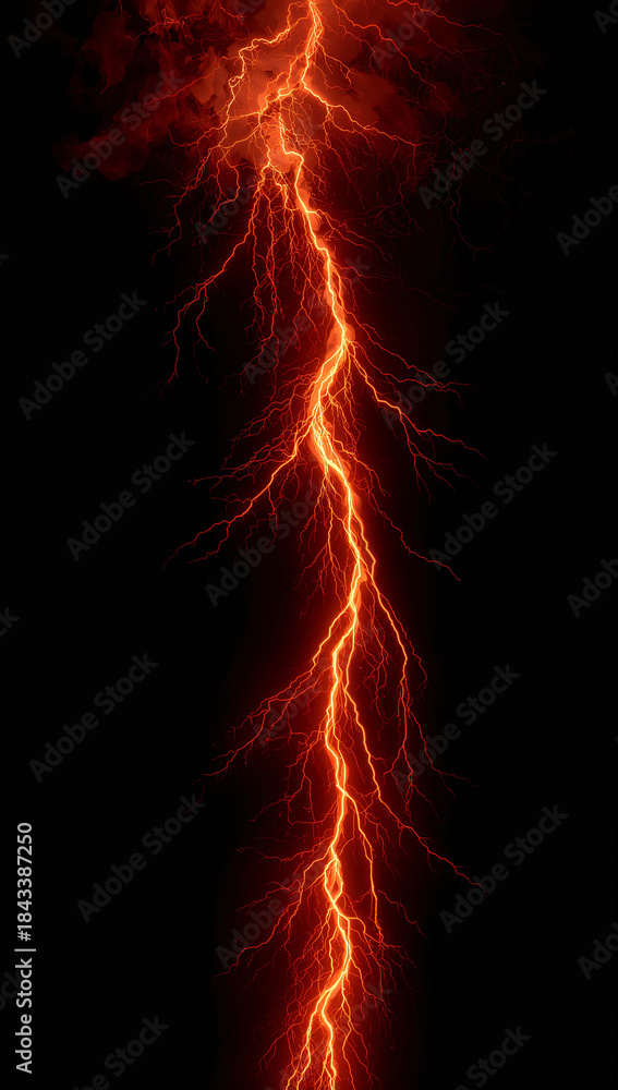 Fototapeta premium Intense fiery red lightning bolt striking vertically through pure black darkness.