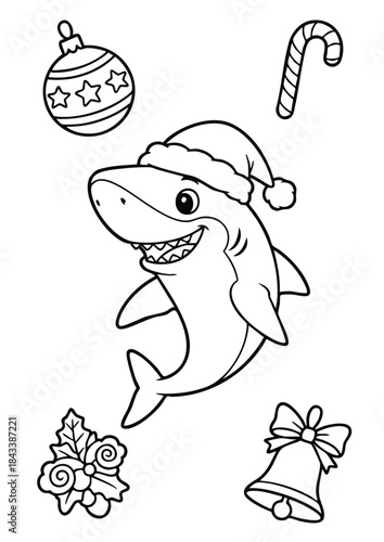 Cute Christmas Shark Coloring Page with Holiday Decorations