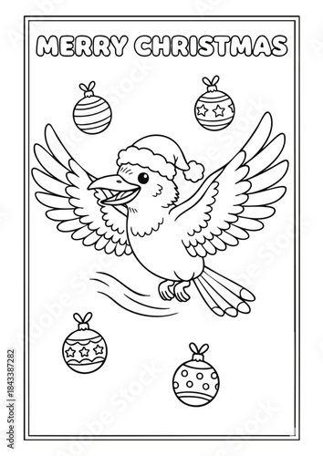 Christmas coloring page with festive bird and ornaments