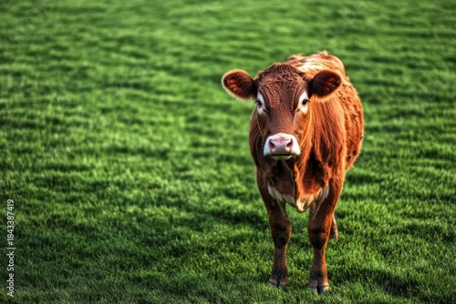 Minimalistic portrait of cow on vibrant green meadow