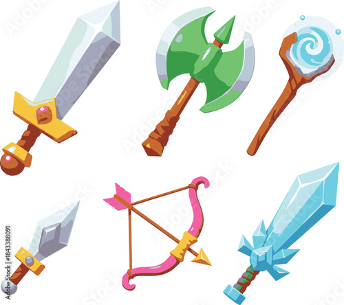 Colorful Fantasy Game Weapons: Sword, Axe, Staff, Dagger, and Bow