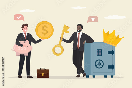 Banker standing with steel safe and key. Insurance concept. Businessman holding cash for savings in safe. Metal strongbox with golden crown under protection.