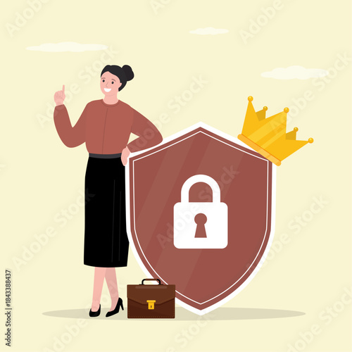 Confident businesswoman standing with huge shield and golden crown. Insurance concept. Business guard with shield. Money and savings protection. High quality security,