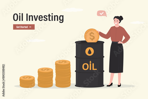Businesswoman putting coin into oil barrel. Invests money in commodities. Female investor investing in crude oil industry to get return profit.
