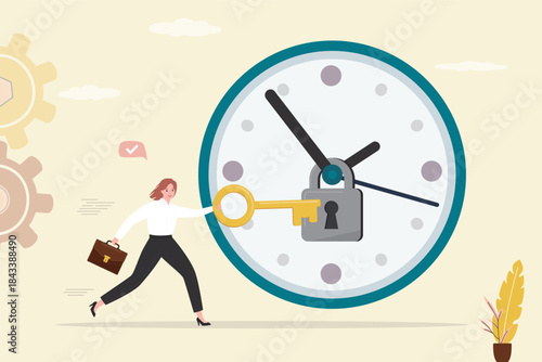 Confident businesswoman uses key and unlocking giant clock. Completing tasks on time. Time management concept. Effective planning for productive work, deadline project