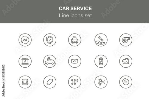 Car service icon set. Collection signs with editable stroke on white background. Auto service, auto repair icon set. Car service and garage.