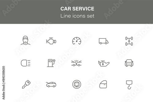 Car service icon set. Collection signs with editable stroke on white background. Auto service, auto repair icon set. Car service, repair, road accident, fuel station and garage.