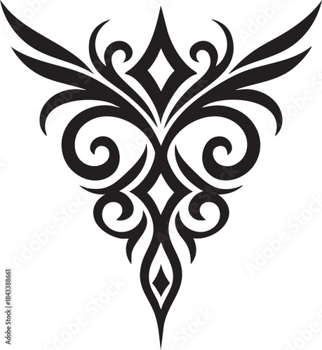 Symmetrical tribal tattoo design with sharp curves, central diamonds, and wing-like extensions in bold black style