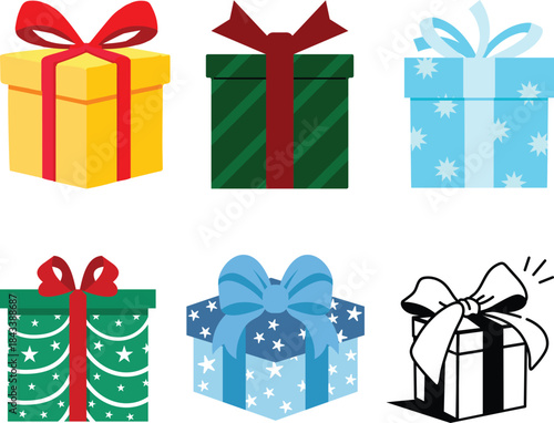 Colorful gift box vector set. Collection of presents with ribbons for birthday, Christmas, holiday celebration. Surprise packages illustration isolated. Cartoon flat design icon.
