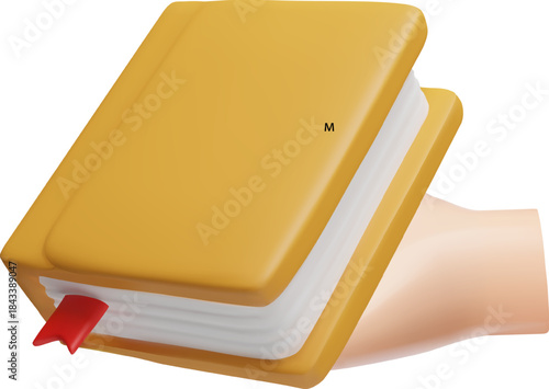 Book in hand 3D plastic style vector render illustration, brown hardcover closed book with bookmark, library literature