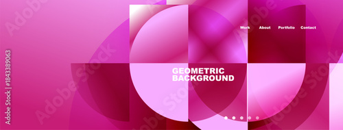 Abstract geometric design. Pink, red hues dominate composition. Circular shapes intersect with squares, creating dynamic visual effect. Text displays portfolio options.