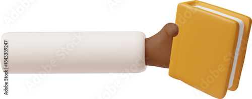 A 3D hand with dark skin and a white sleeve holds a closed book with a yellow cover.