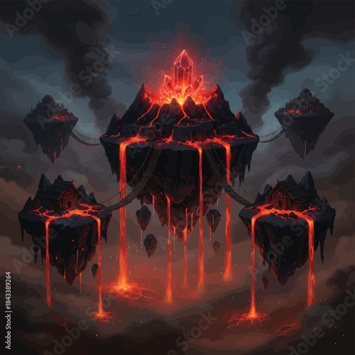 A fantasy landscape with a large volcano and lava flows on a cloudy dark background