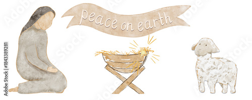 Watercolor nativity scene with Mary kneeling beside a manger, white lamb, framed by a warm cloud-white banner reading Peace on earth, star, perfect for Christmas cards, devotionals, and seasonal decor