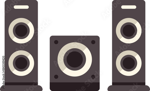 Acoustic system consisting of two speakers and a subwoofer playing loud music