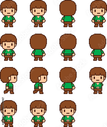 Pixel art character sprites in various poses and angles isolated on