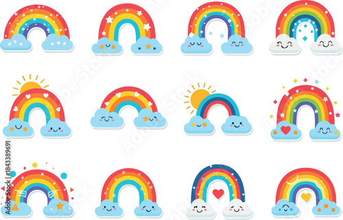 Set of Cute Rainbow Illustrations with Clouds and Sun