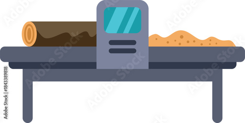 This illustration showcases a wood processing machine transforming a log into sawdust on a conveyor belt
