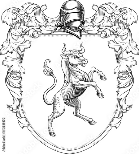 Bull coat of arms or crest family heraldry medieval heraldic knight shield with helmet and acanthus filigree scroll ornament. In a vintage woodcut style.
