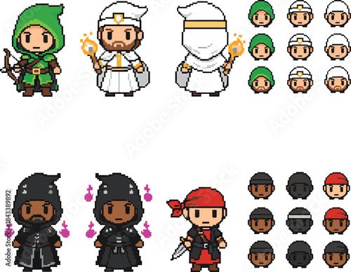 Pixel art characters in various poses and outfits for games or animations