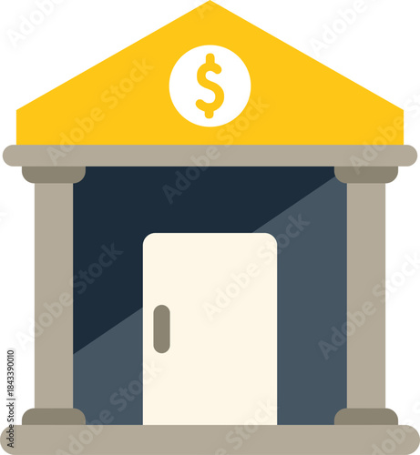Bank building with a dollar sign on the yellow roof is representing banking and finance