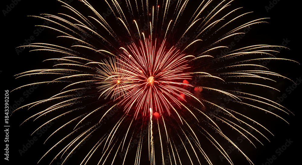 Obraz premium Spectacular burst of vibrant fireworks illuminating the dark night sky with an exhilarating display of light and color, perfect for celebrations and festive occasions