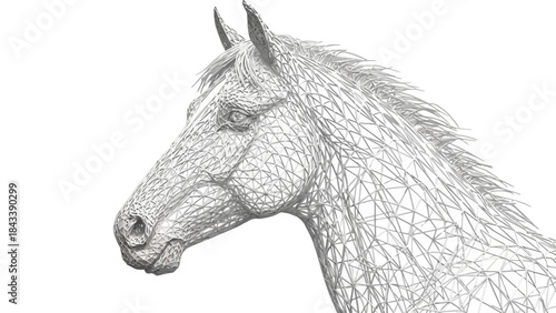 Wireframe horse head 3D model illustration abstract animal concept for design projects isolated on w