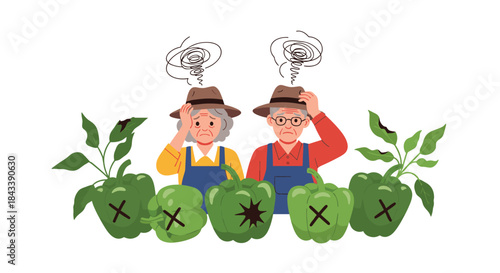 An elderly farmer couple looking worried and confused about their failed bell pepper crop due to plant disease, representing agricultural loss.