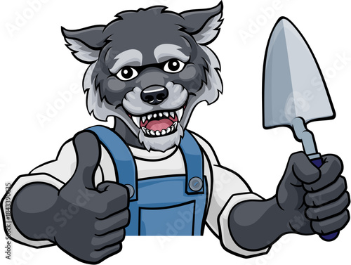 A wolf bricklayer builder construction worker mascot cartoon character holding a trowel tool and peeking around a sign and giving a thumbs up