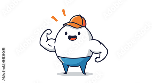 A cute and happy cartoon character wearing a cap, flexing its bicep to show strength, health, and fitness in a simple illustration.
