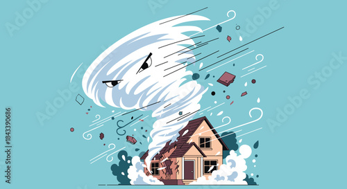 A powerful and angry cartoon tornado character destroying a house, illustrating a natural disaster, hurricane, or severe storm damage.