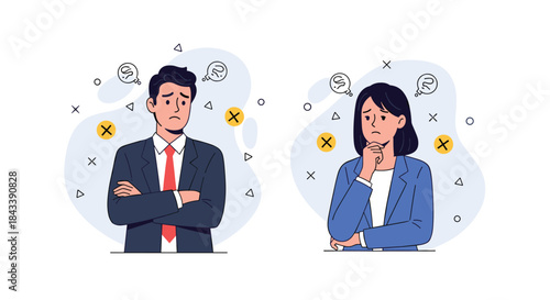 A confused businessman and businesswoman thinking about a problem, surrounded by question marks, illustrating business challenges and uncertainty.